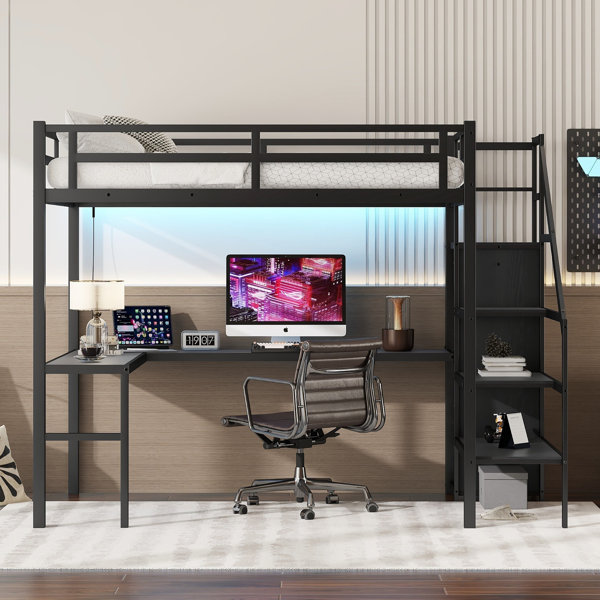 GZMWON Loft Bed With LShaped Desk And Usbmetal Loft Bed With Wardrobe